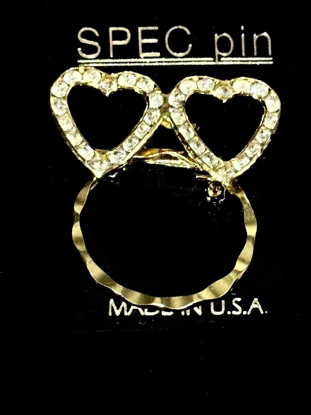 Detti Gold Tone Rhinestone Double Heart Eyeglass Holder Pin Brooch USA Card